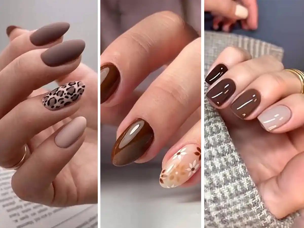 دیزاین ناخن با لاک نارنجی و قهوه ای